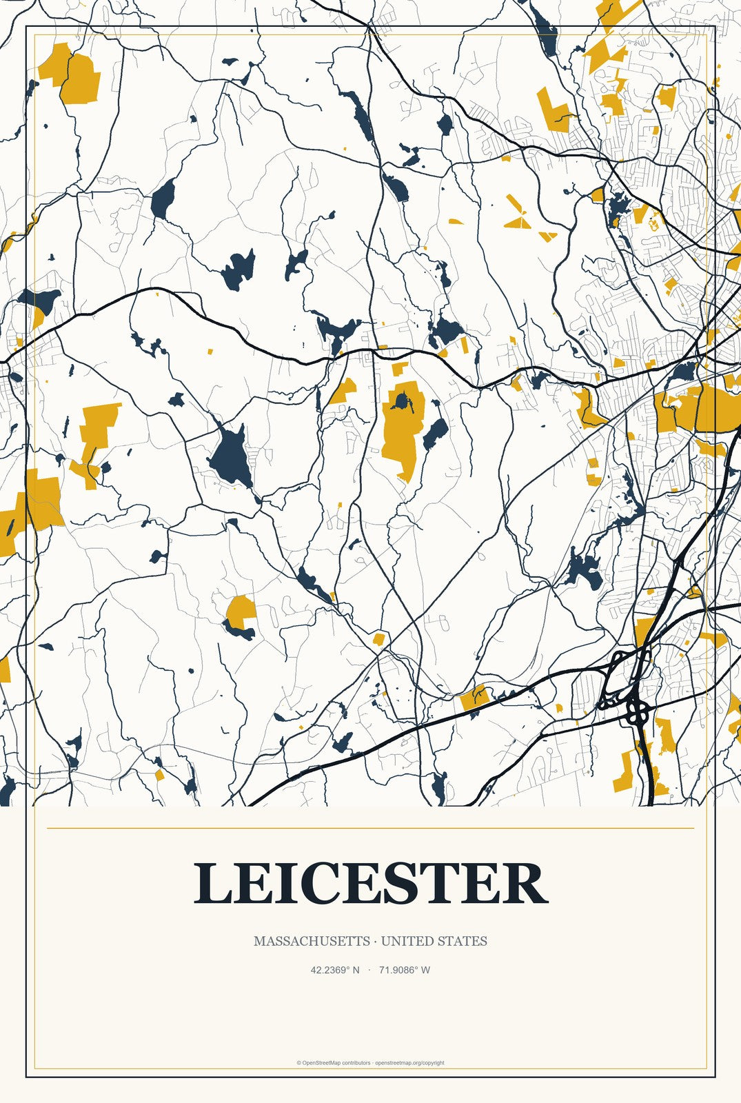 Leicester, Massachusetts City Map Aluminum Sign in Citrine Modern style