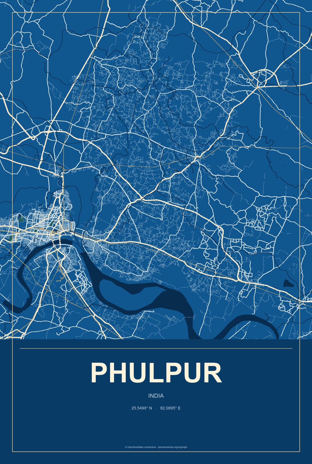 Phulpur, India City Map Aluminum Sign in Harbor Cobalt style