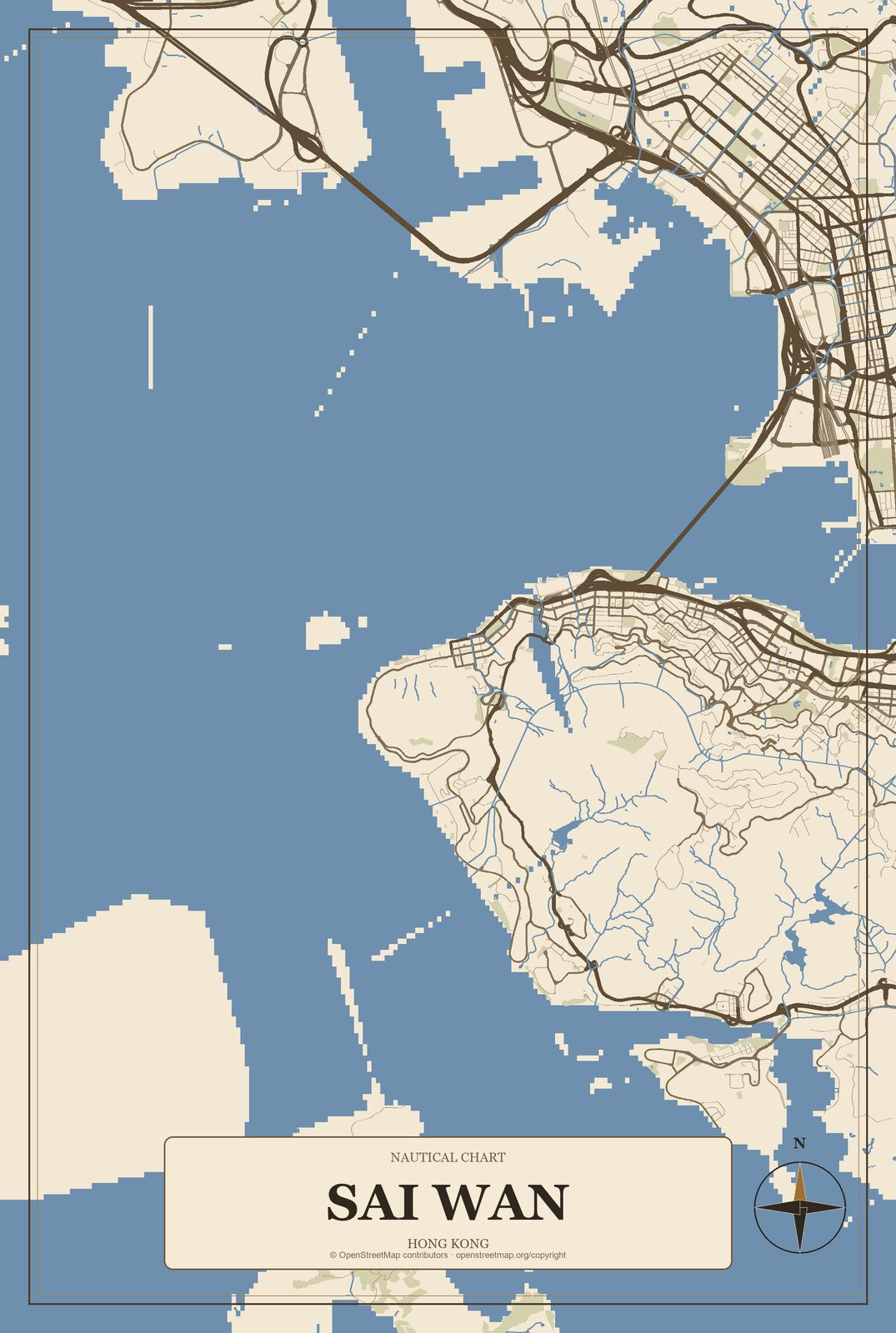 Sai Wan, Hong Kong City Map Aluminum Sign in Heritage Nautical style