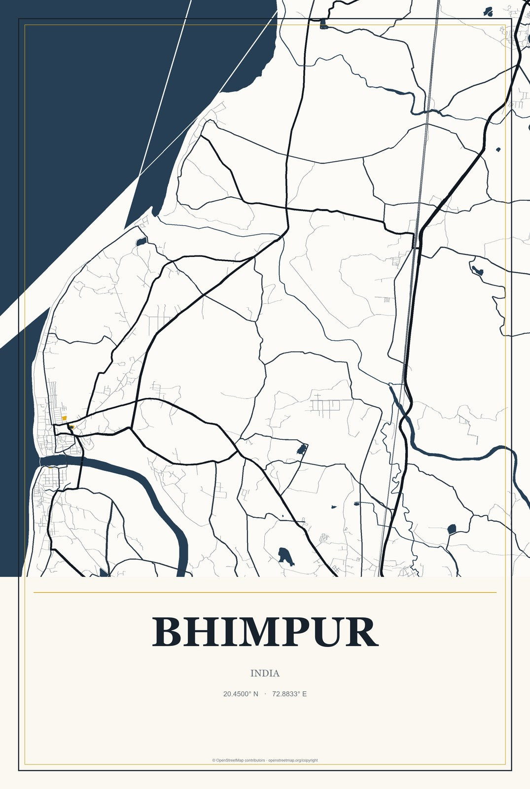 Bhimpur, India City Map Aluminum Sign in Citrine Modern style