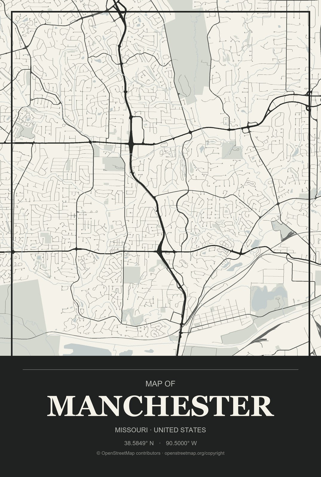 Manchester, Missouri City Map Aluminum Sign in Museum Plaque style