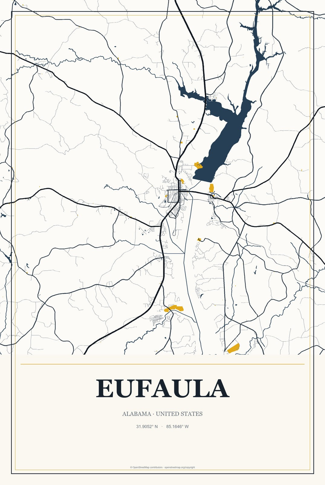 Eufaula, Alabama City Map Aluminum Sign in Citrine Modern style
