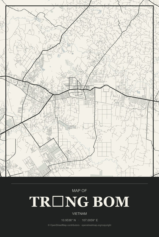 Trảng Bom, Vietnam City Map Aluminum Sign in Museum Plaque style