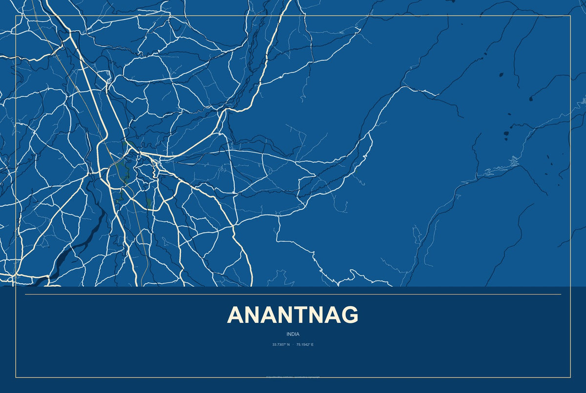 Anantnag, India City Map Aluminum Sign in Harbor Cobalt style