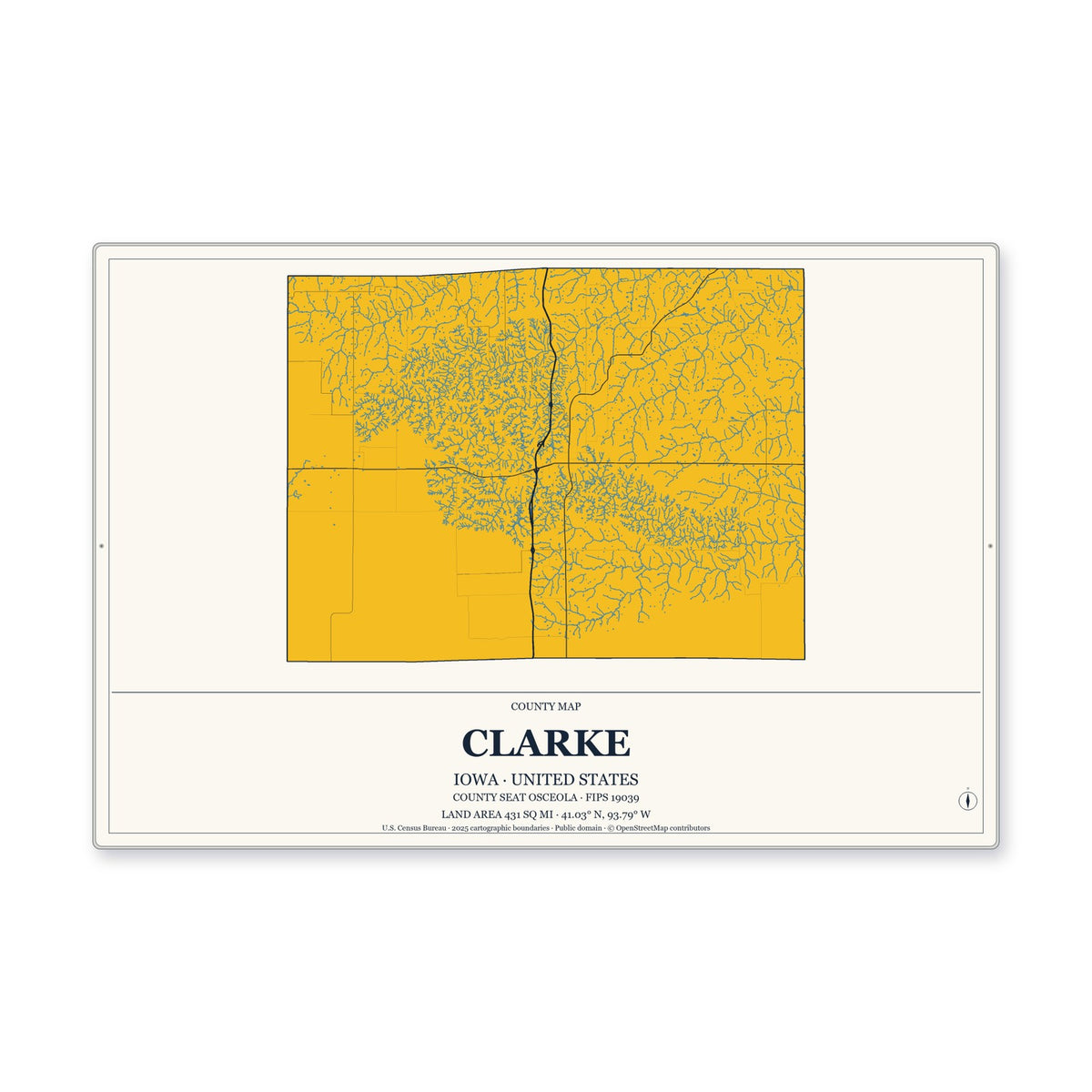 Clarke County, Iowa Map Aluminum Sign in Citrine Modern style