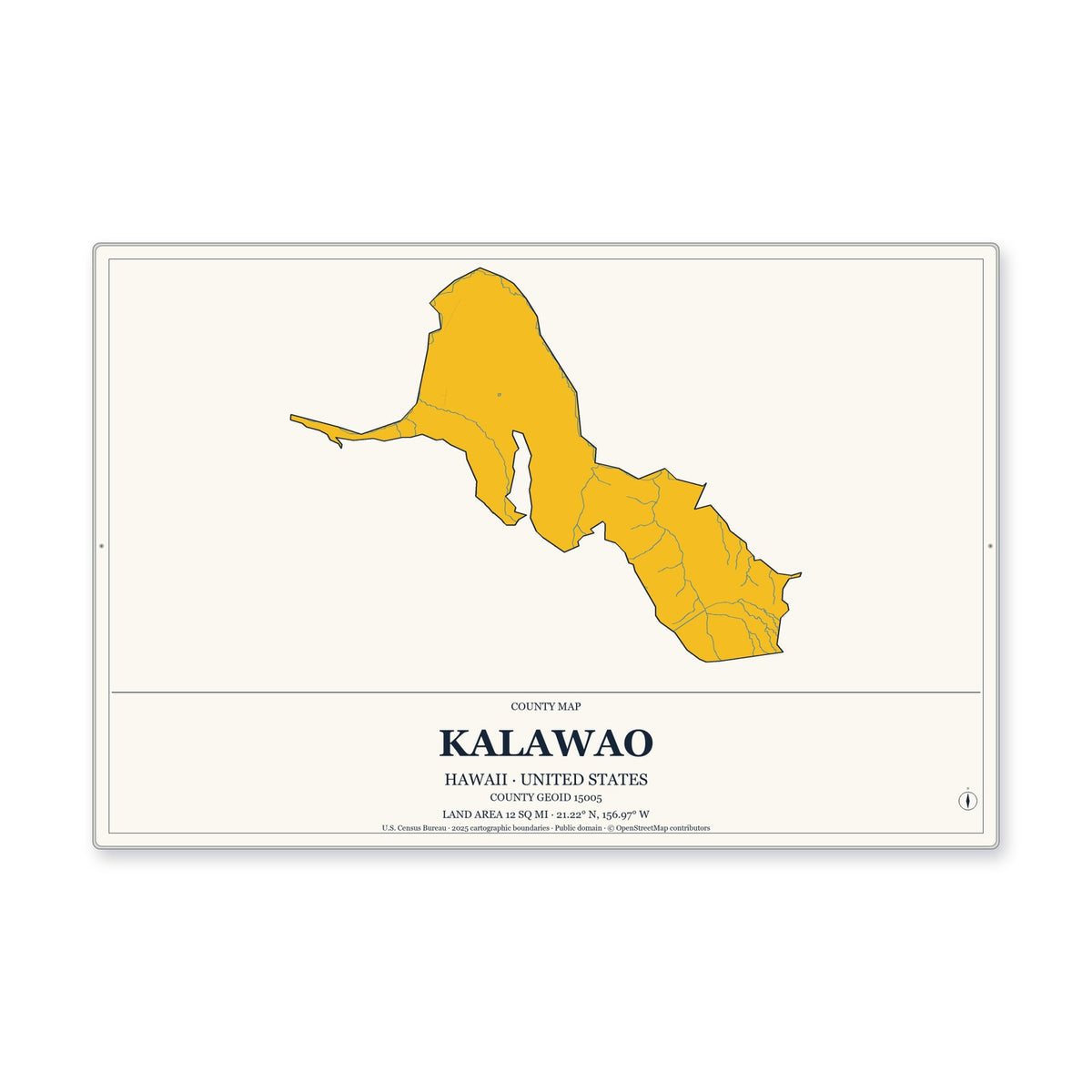 Kalawao County, Hawaii Map Aluminum Sign in Citrine Modern style