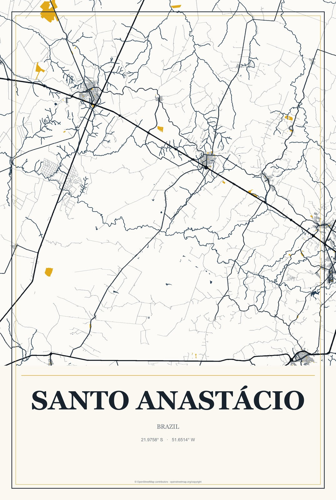 Santo Anastácio, Brazil City Map Aluminum Sign in Citrine Modern style