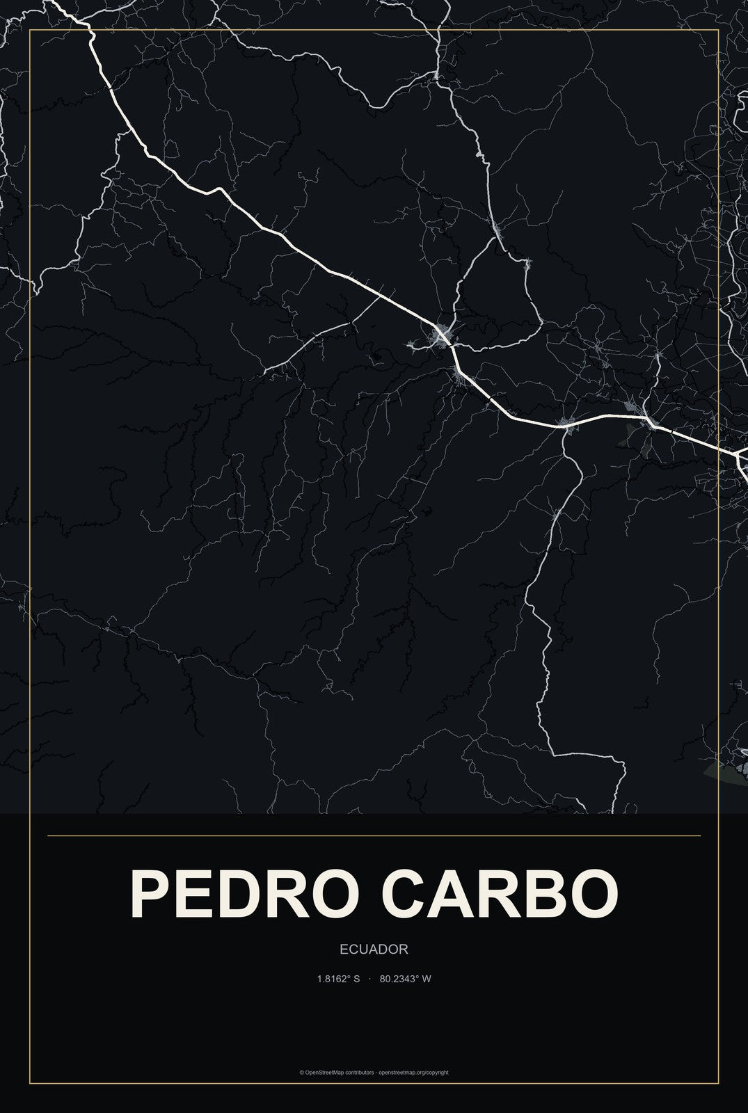 Pedro Carbo, Ecuador City Map Aluminum Sign in Metropolitan Noir style