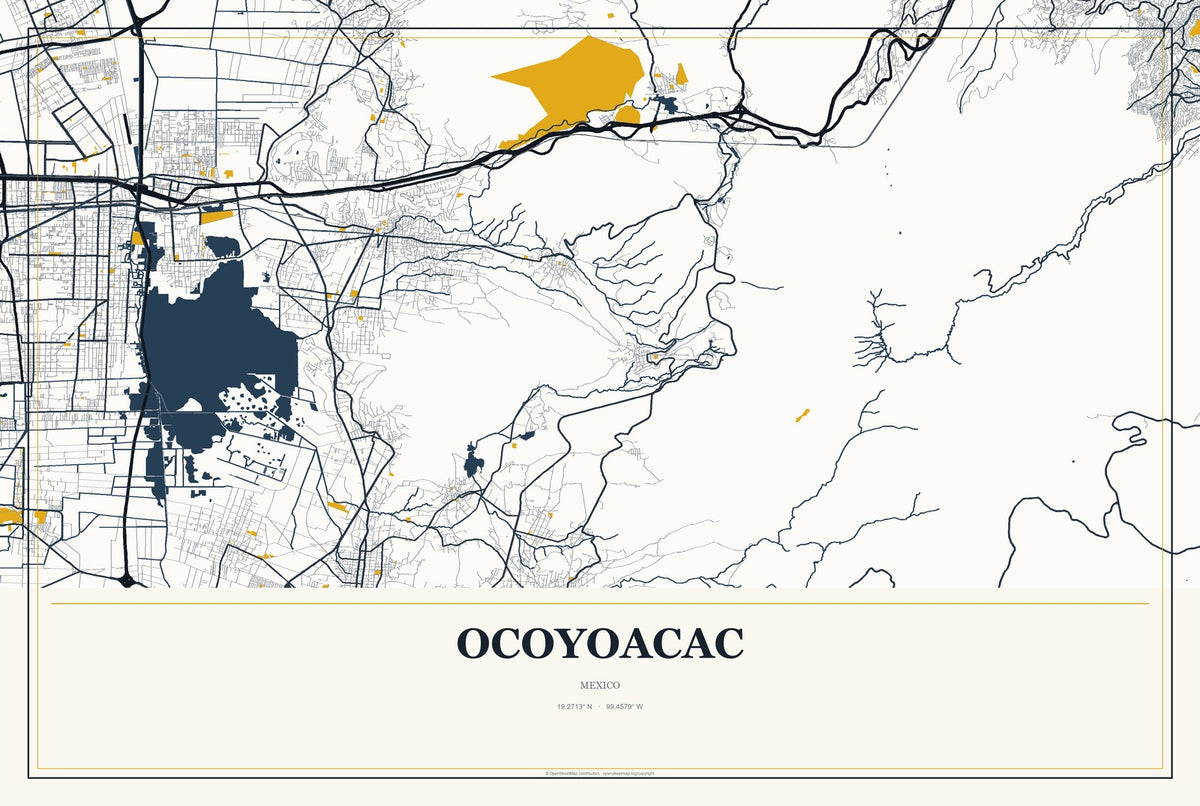Ocoyoacac, Mexico City Map Aluminum Sign in Citrine Modern style