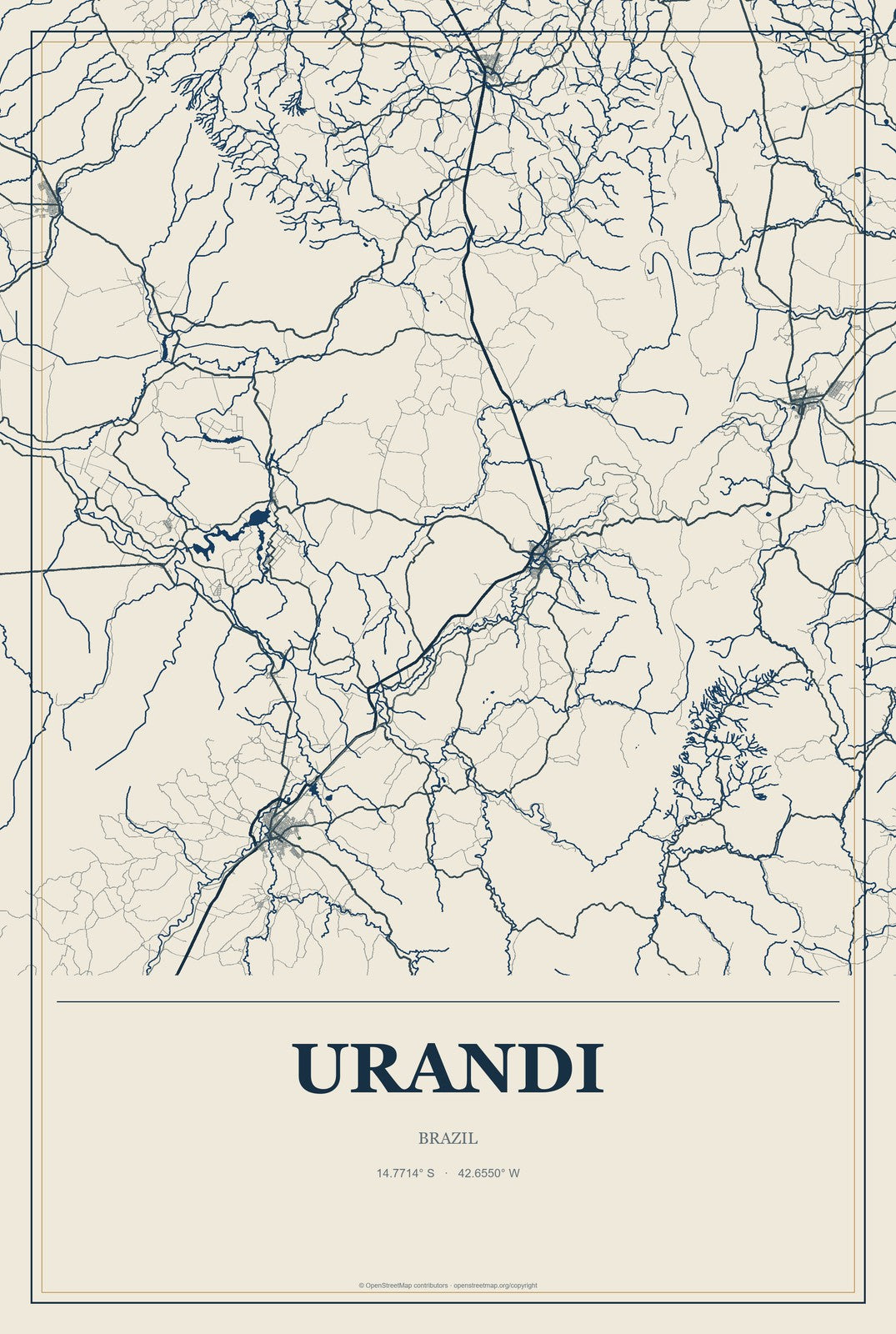Urandi, Brazil City Map Aluminum Sign in Coastal Cutout style