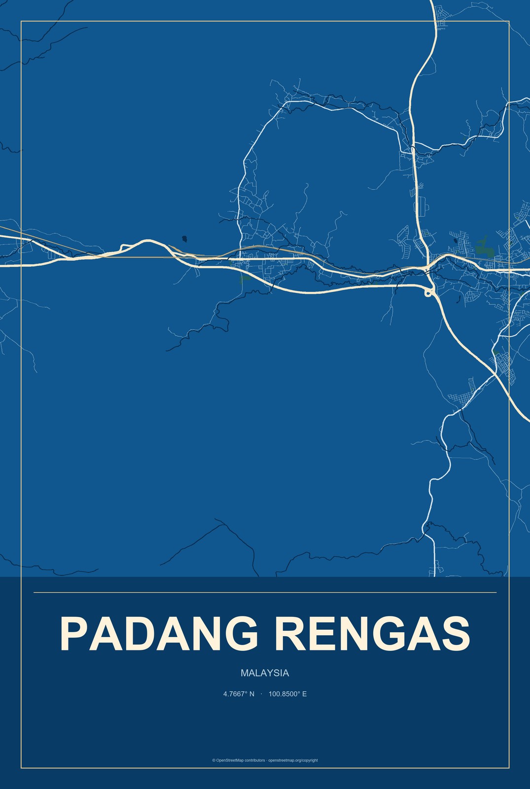 Padang Rengas, Malaysia City Map Aluminum Sign in Harbor Cobalt style