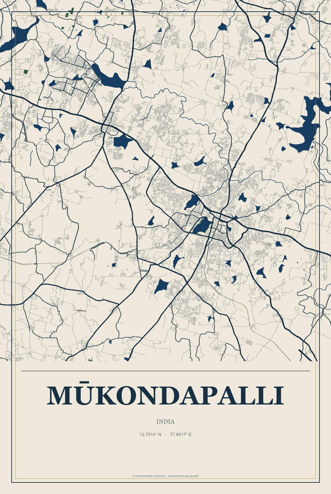 Mūkondapalli, India City Map Aluminum Sign in Coastal Cutout style