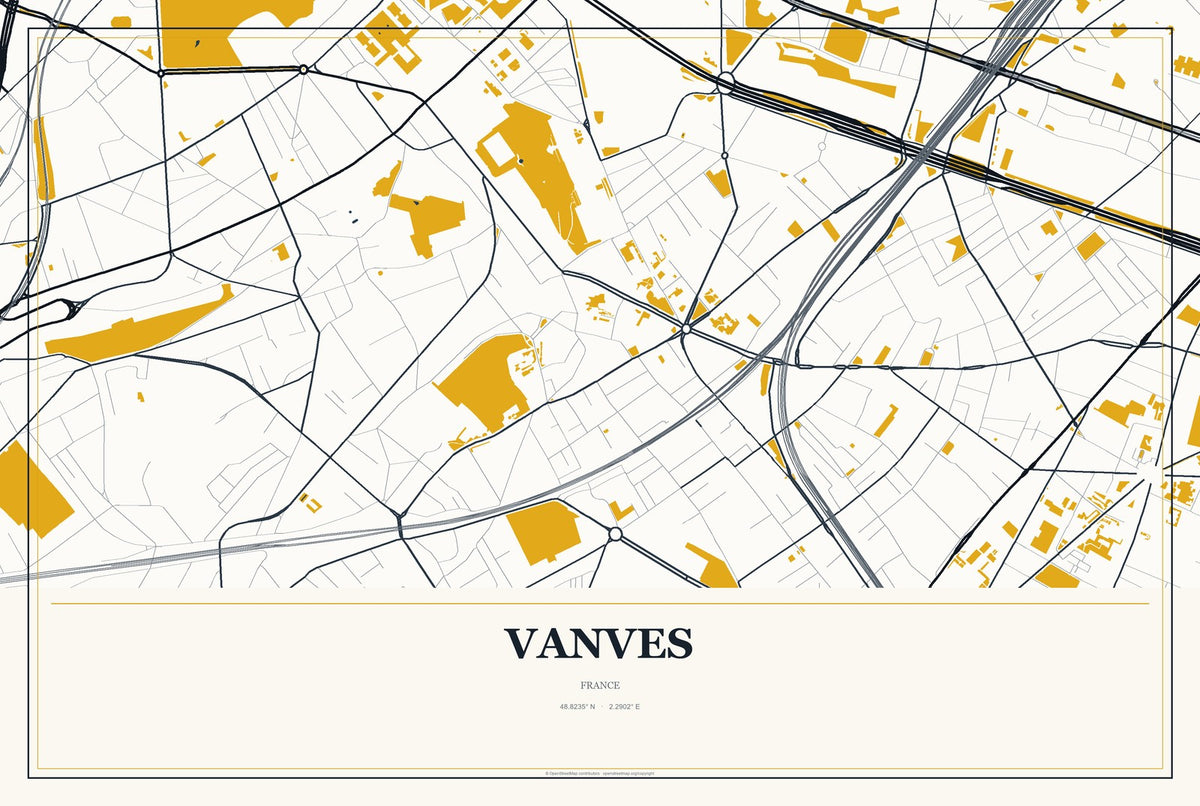 Vanves, France City Map Aluminum Sign in Citrine Modern style