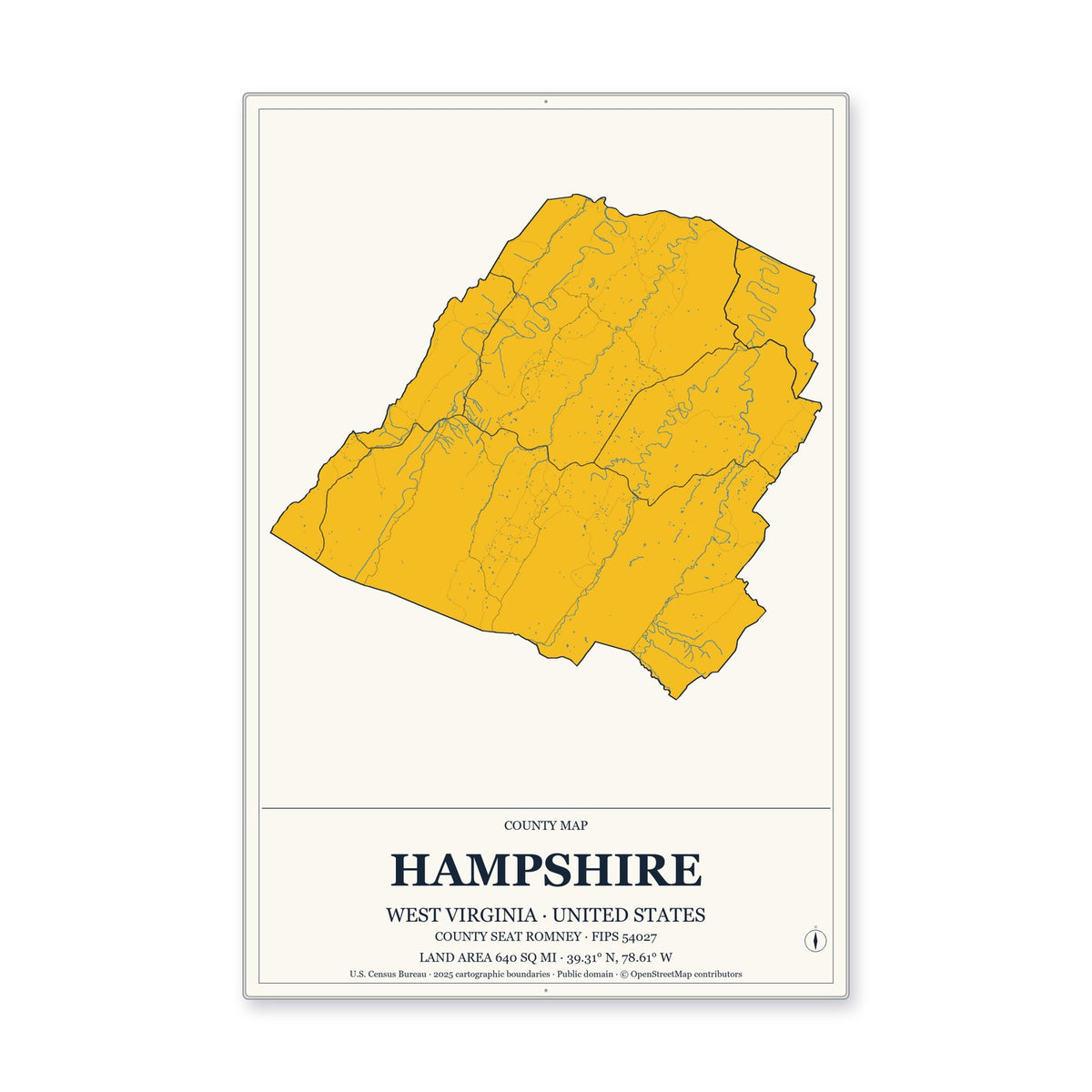 Hampshire County, West Virginia Map Aluminum Sign in Citrine Modern style