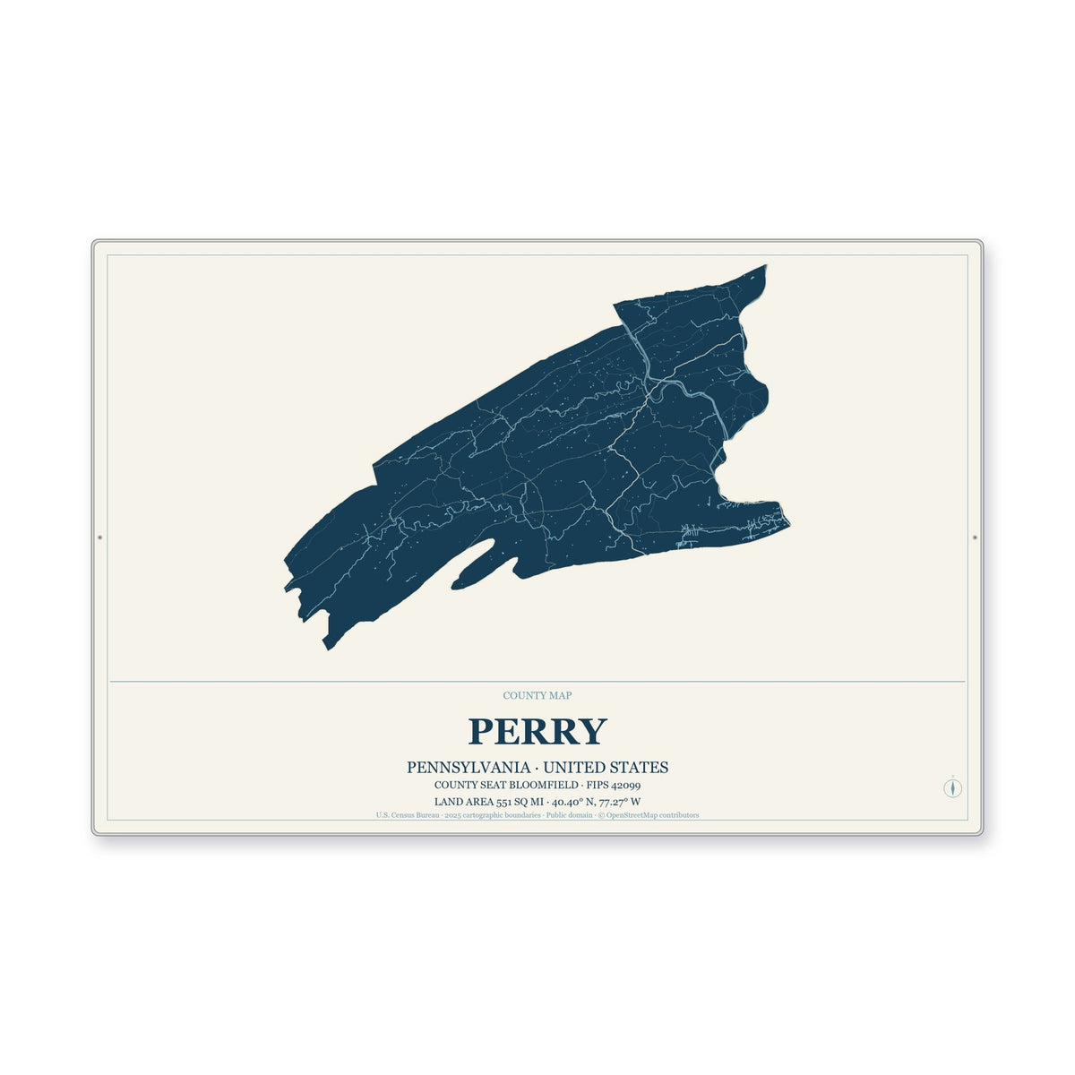 Perry County, Pennsylvania Map Aluminum Sign in Coastal Cutout style