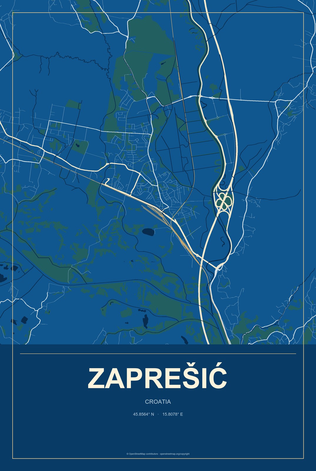 Zaprešić, Croatia City Map Aluminum Sign in Harbor Cobalt style
