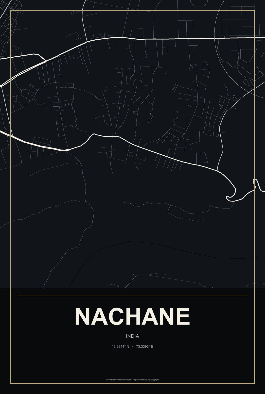 Nachane, India City Map Aluminum Sign in Metropolitan Noir style