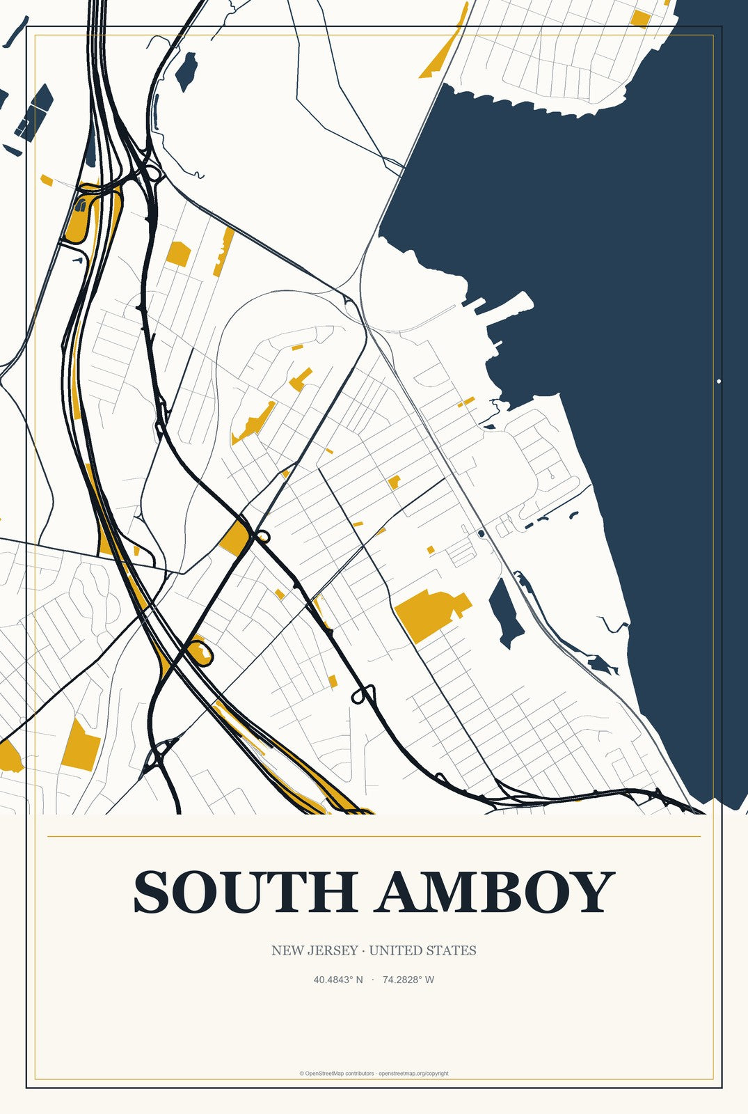 South Amboy, New Jersey City Map Aluminum Sign in Citrine Modern style