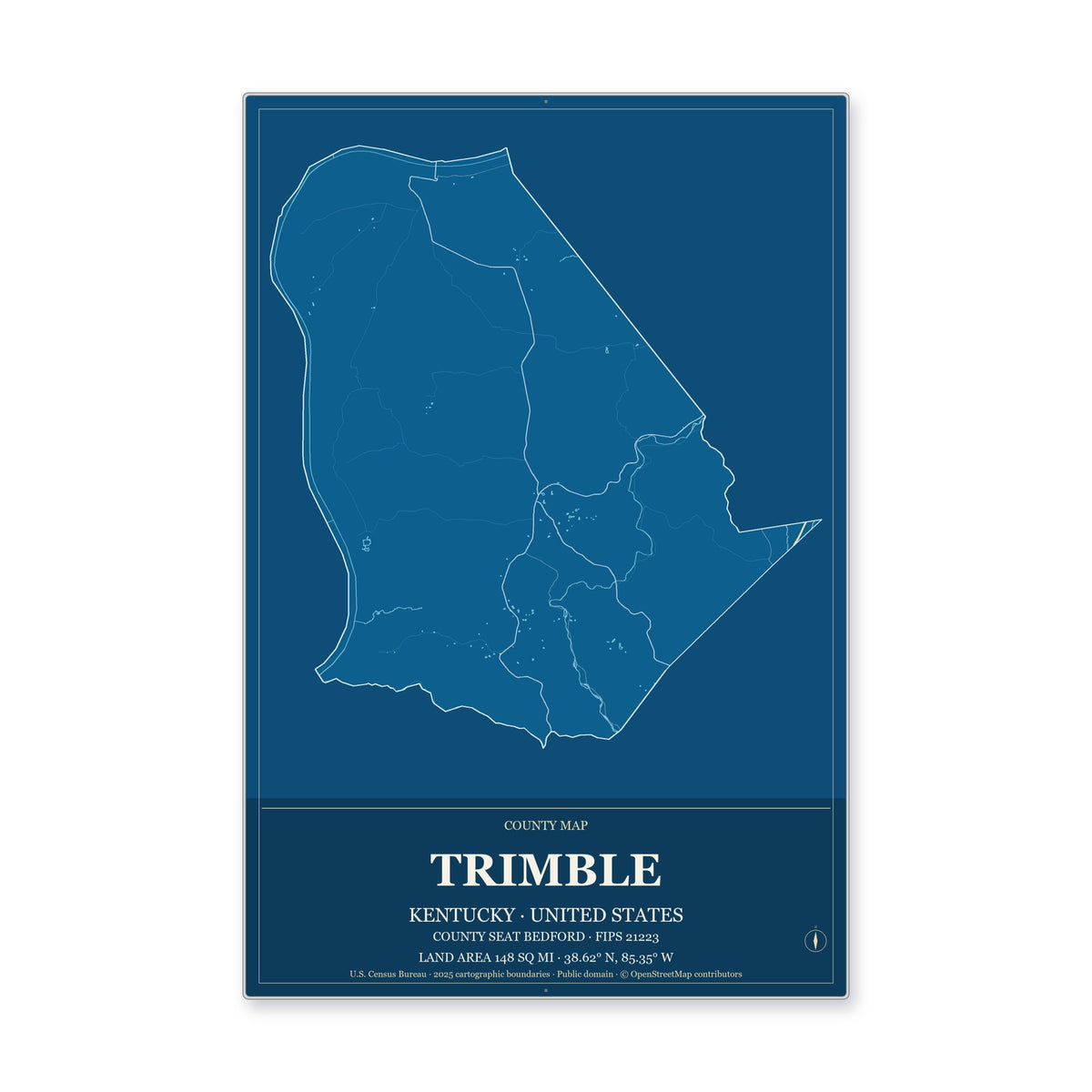 Trimble County, Kentucky Map Aluminum Sign in Harbor Cobalt style