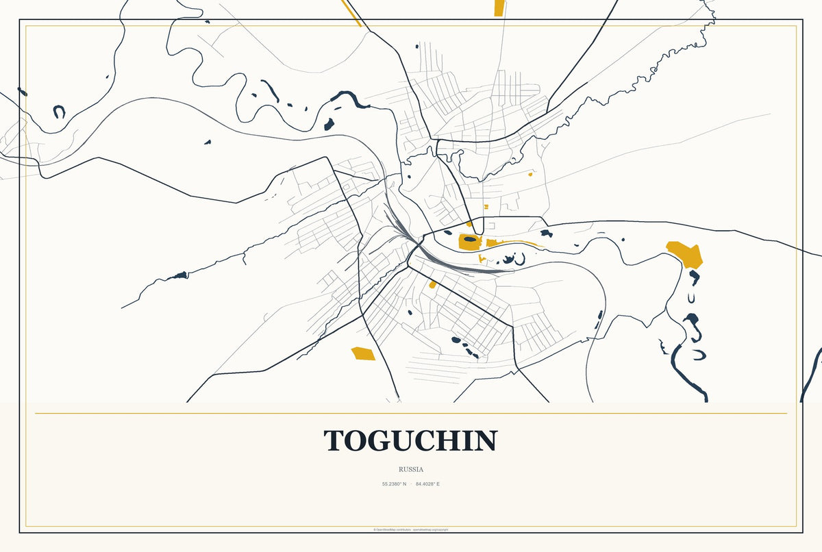 Toguchin, Russia City Map Aluminum Sign in Citrine Modern style
