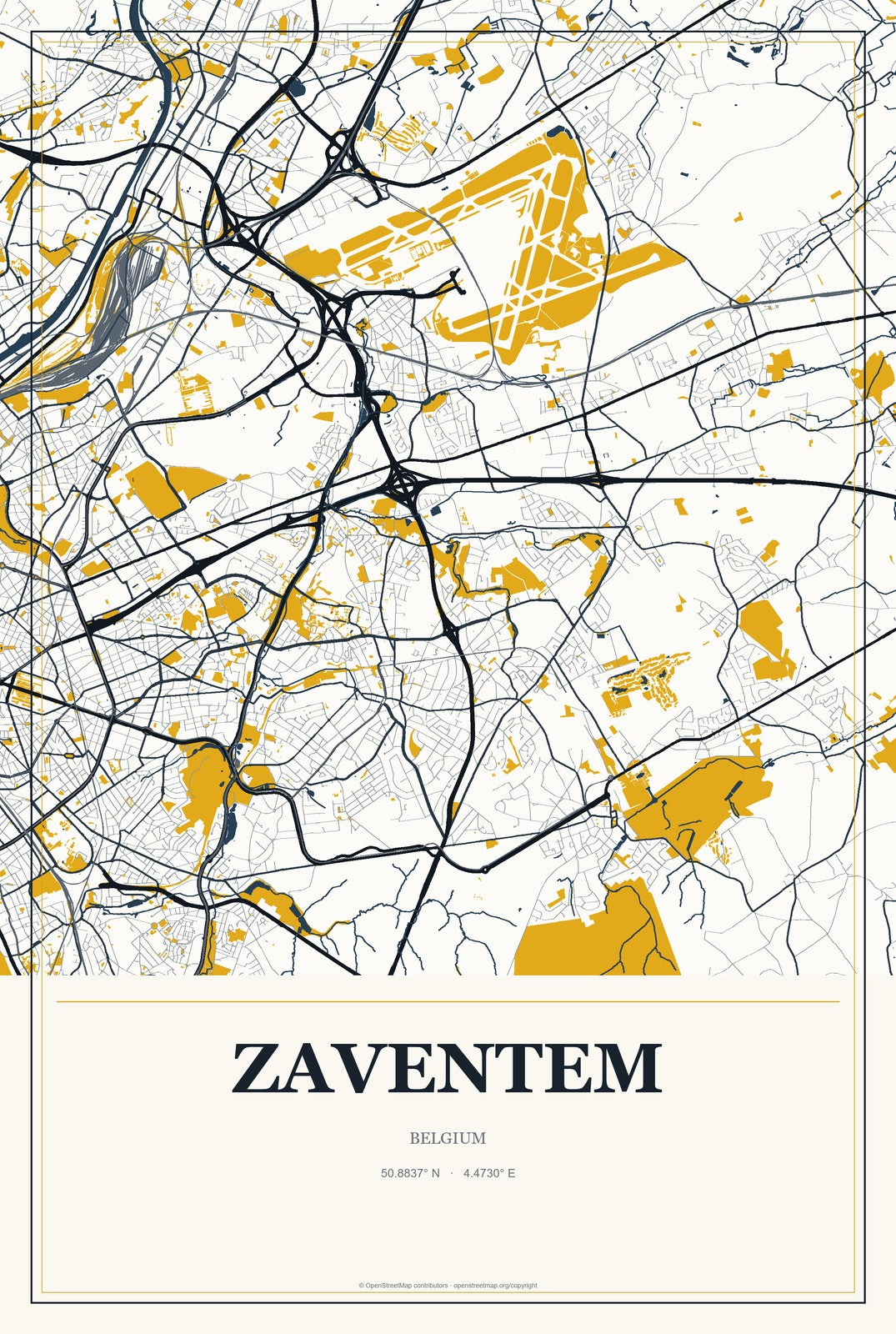 Zaventem, Belgium City Map Aluminum Sign in Citrine Modern style