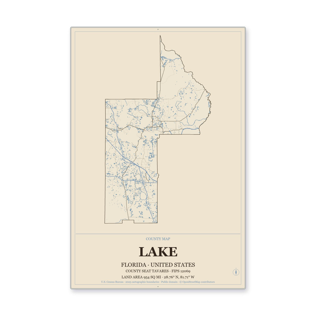 Lake County, Florida Map Aluminum Sign in Heritage Nautical style