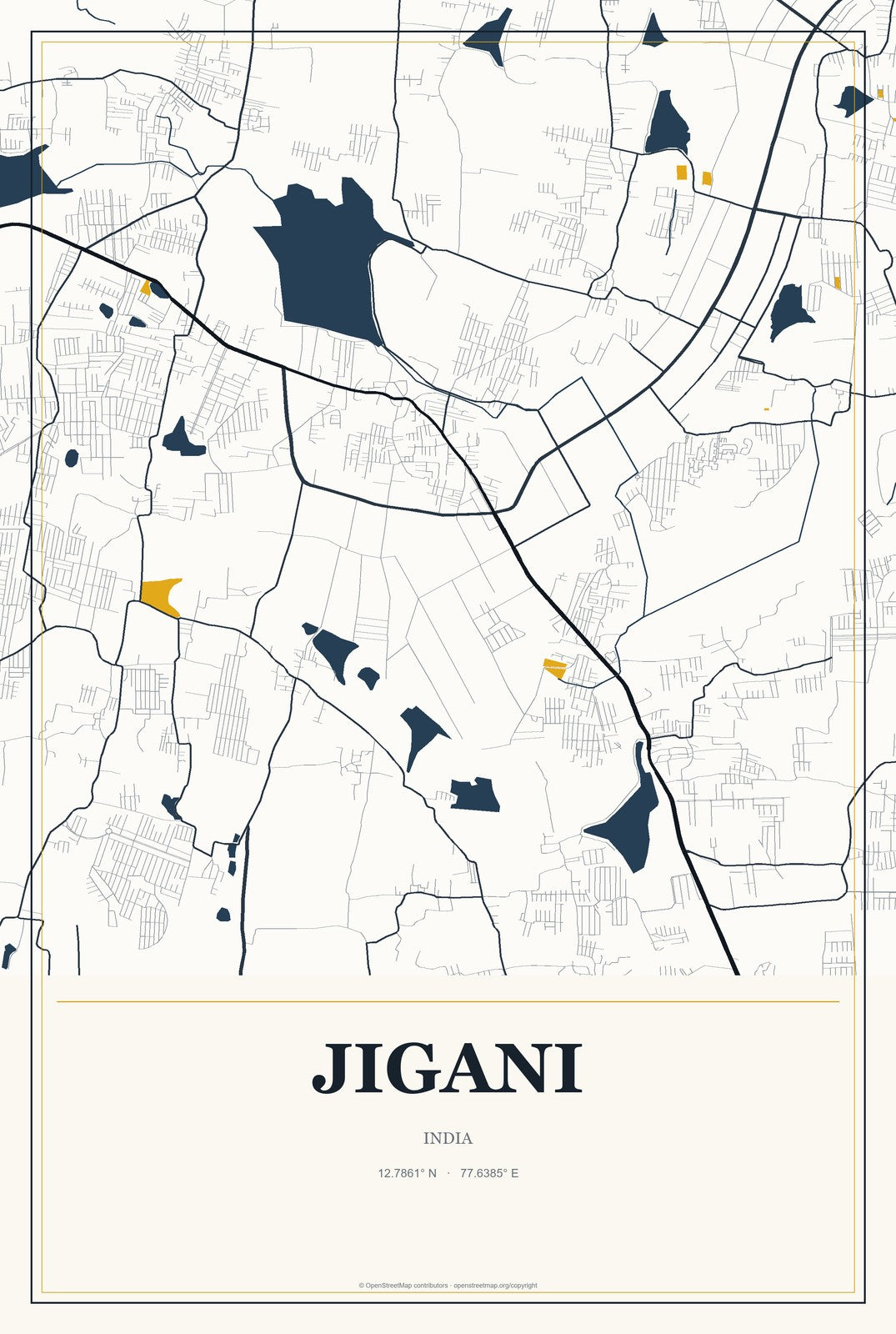 Jigani, India City Map Aluminum Sign in Citrine Modern style