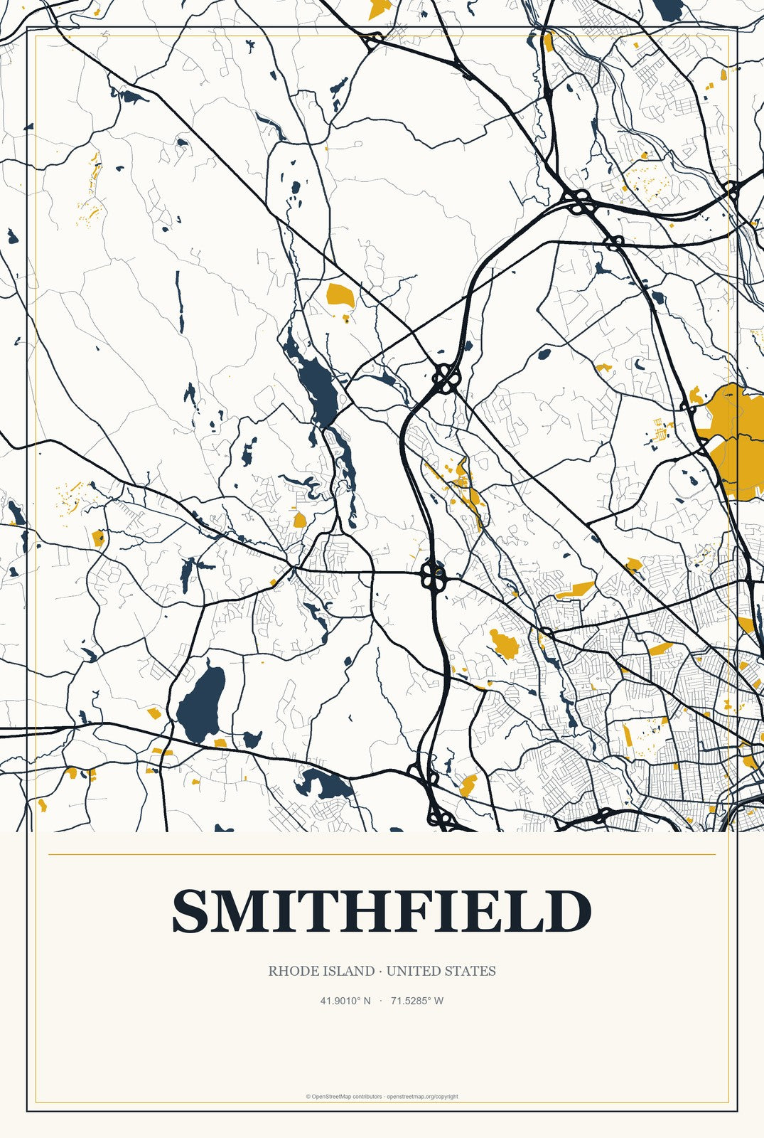 Smithfield, Rhode Island City Map Aluminum Sign in Citrine Modern style