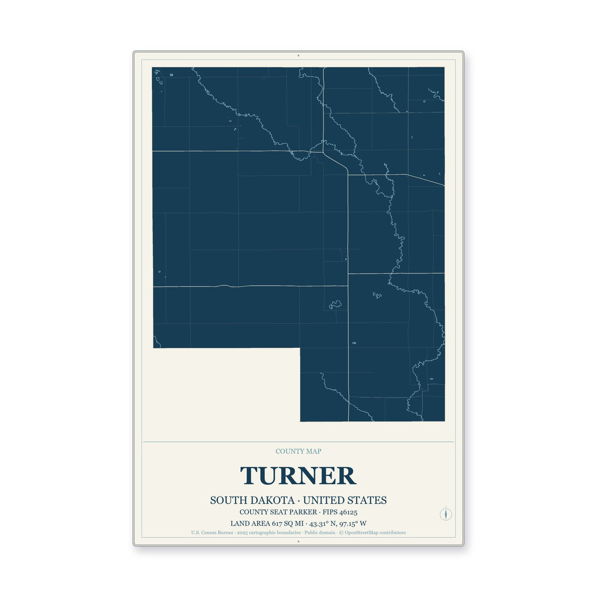 Turner County, South Dakota Map Aluminum Sign in Coastal Cutout style