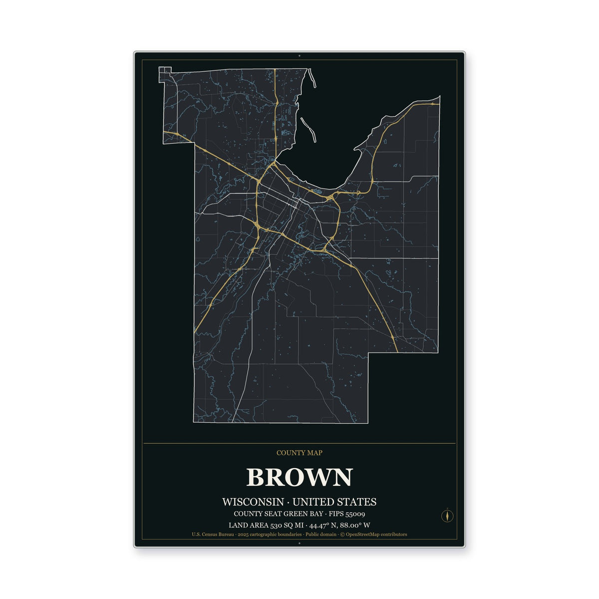 Brown County, Wisconsin Map Aluminum Sign in Metropolitan Noir style