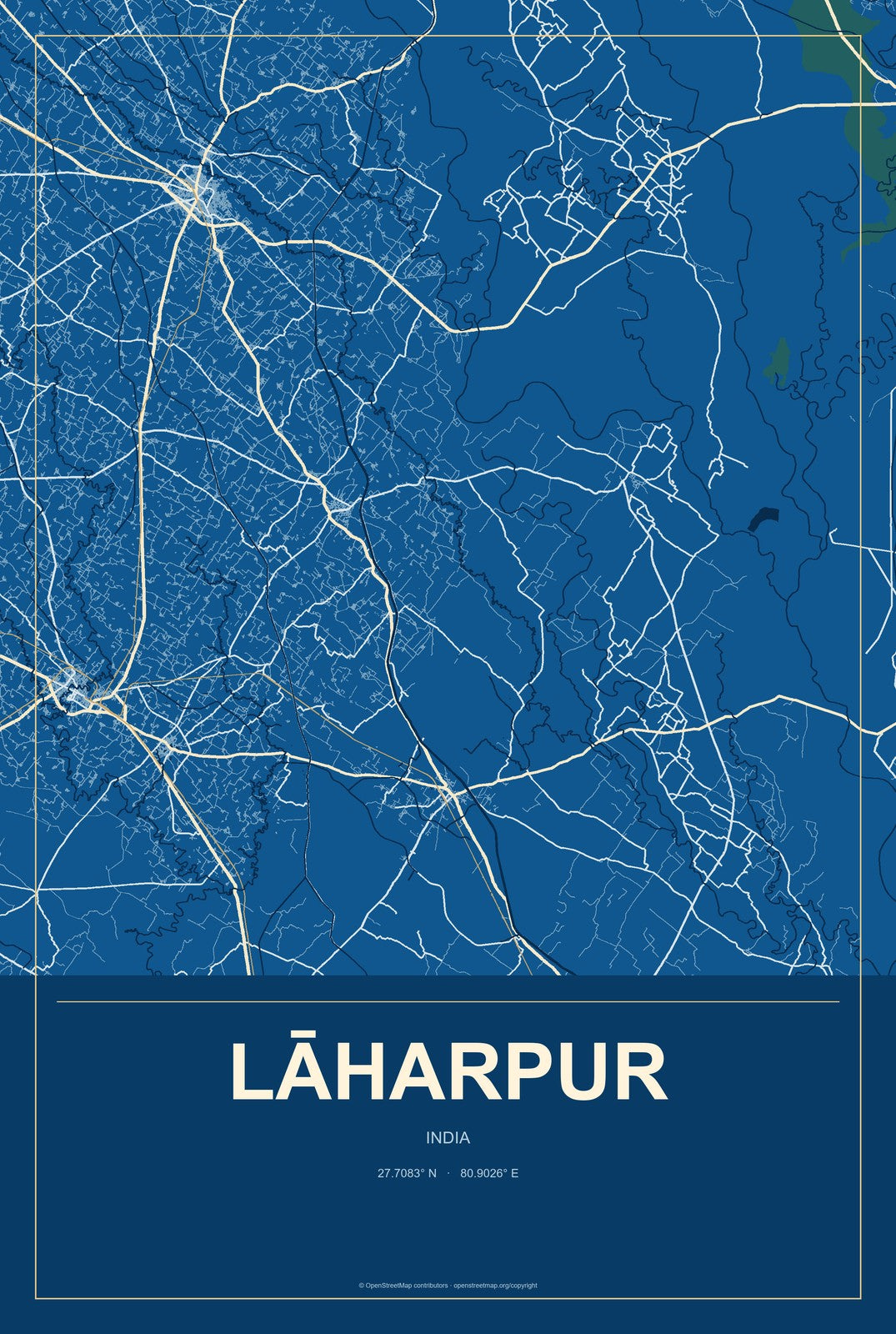 Lāharpur, India City Map Aluminum Sign in Harbor Cobalt style