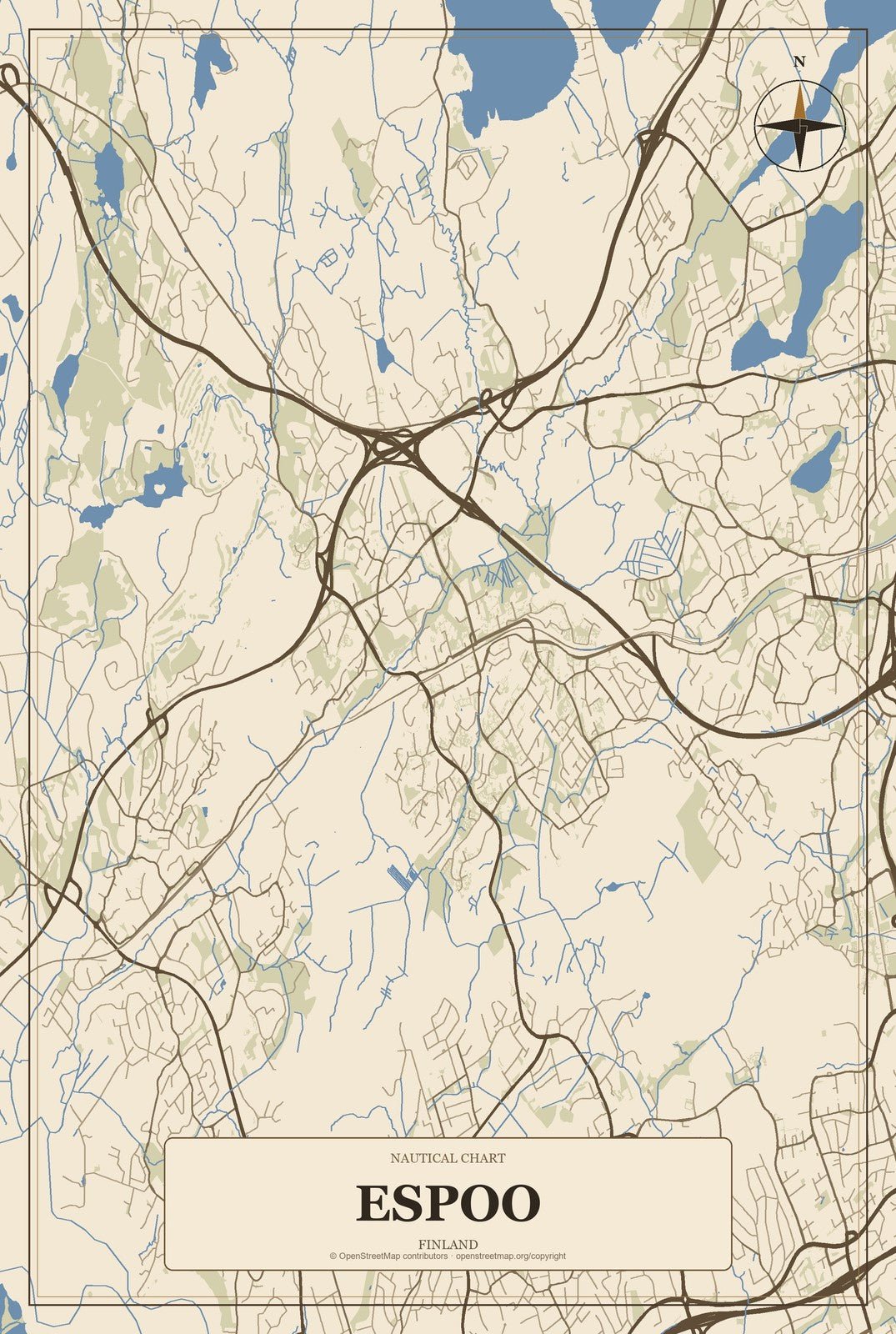Espoo, Finland City Map Aluminum Sign in Heritage Nautical style