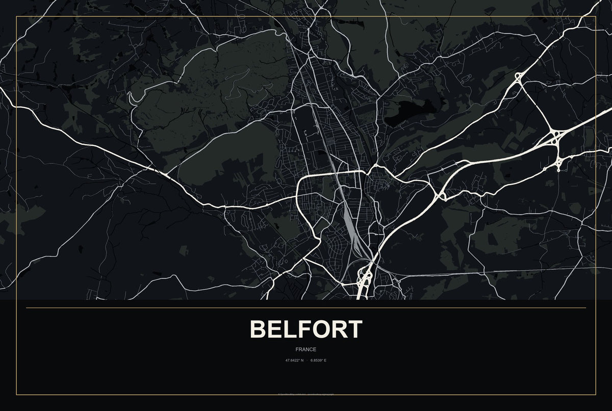 Belfort, France City Map Aluminum Sign in Metropolitan Noir style
