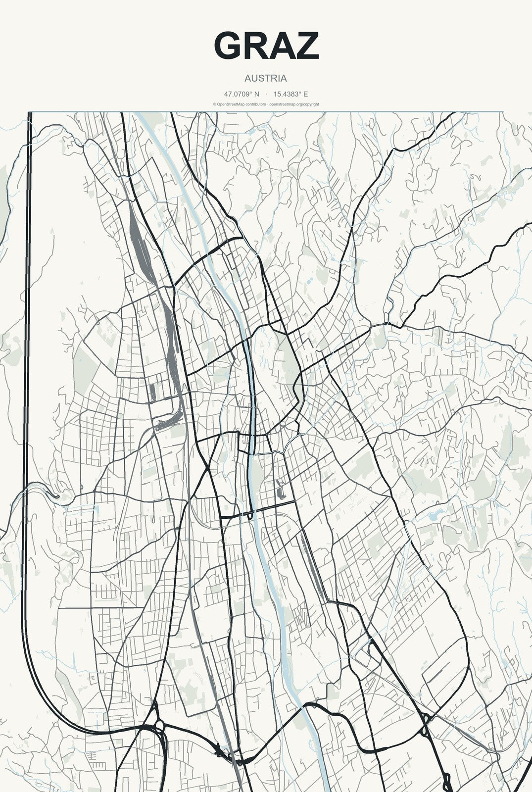 Graz, Austria City Map Aluminum Sign in Headline Atlas style