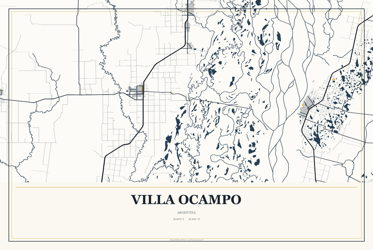 Villa Ocampo, Argentina City Map Aluminum Sign in Citrine Modern style