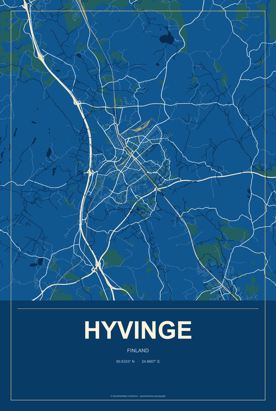 Hyvinge, Finland City Map Aluminum Sign in Harbor Cobalt style