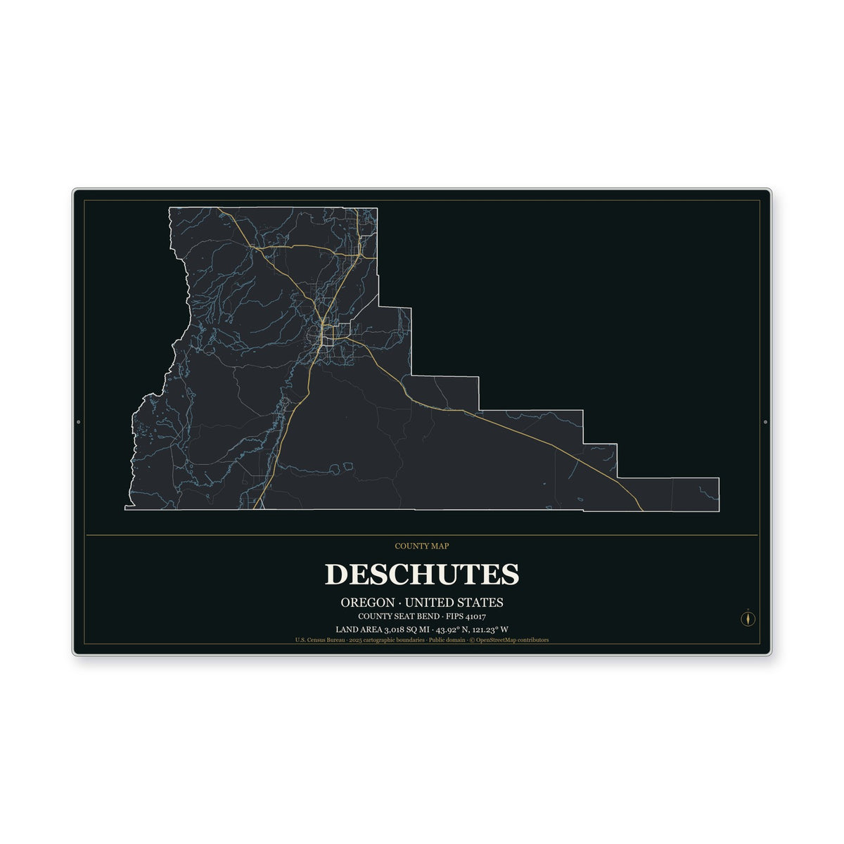 Deschutes County, Oregon Map Aluminum Sign in Metropolitan Noir style