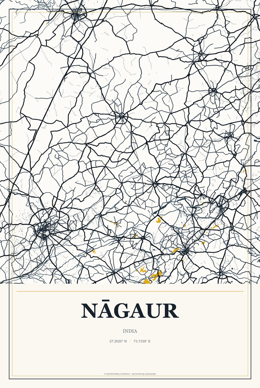 Nāgaur, India City Map Aluminum Sign in Citrine Modern style