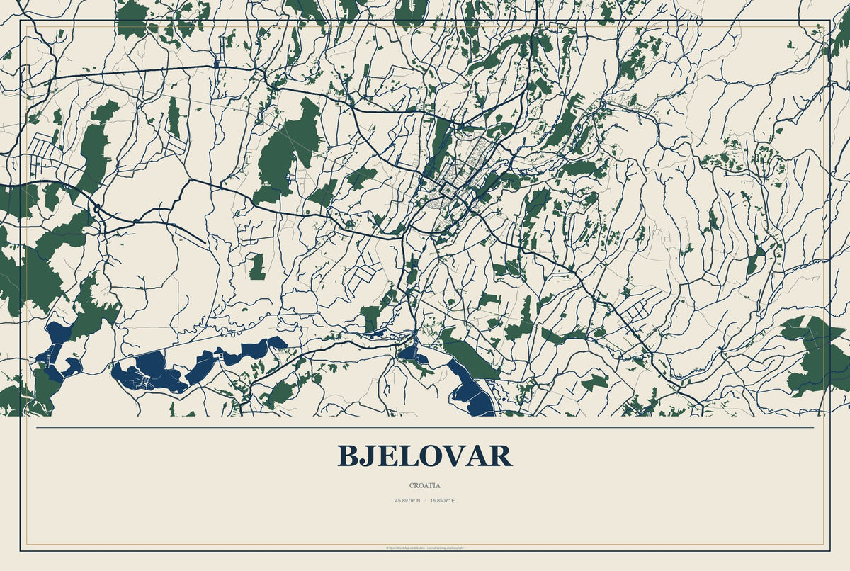 Bjelovar, Croatia City Map Aluminum Sign in Coastal Cutout style
