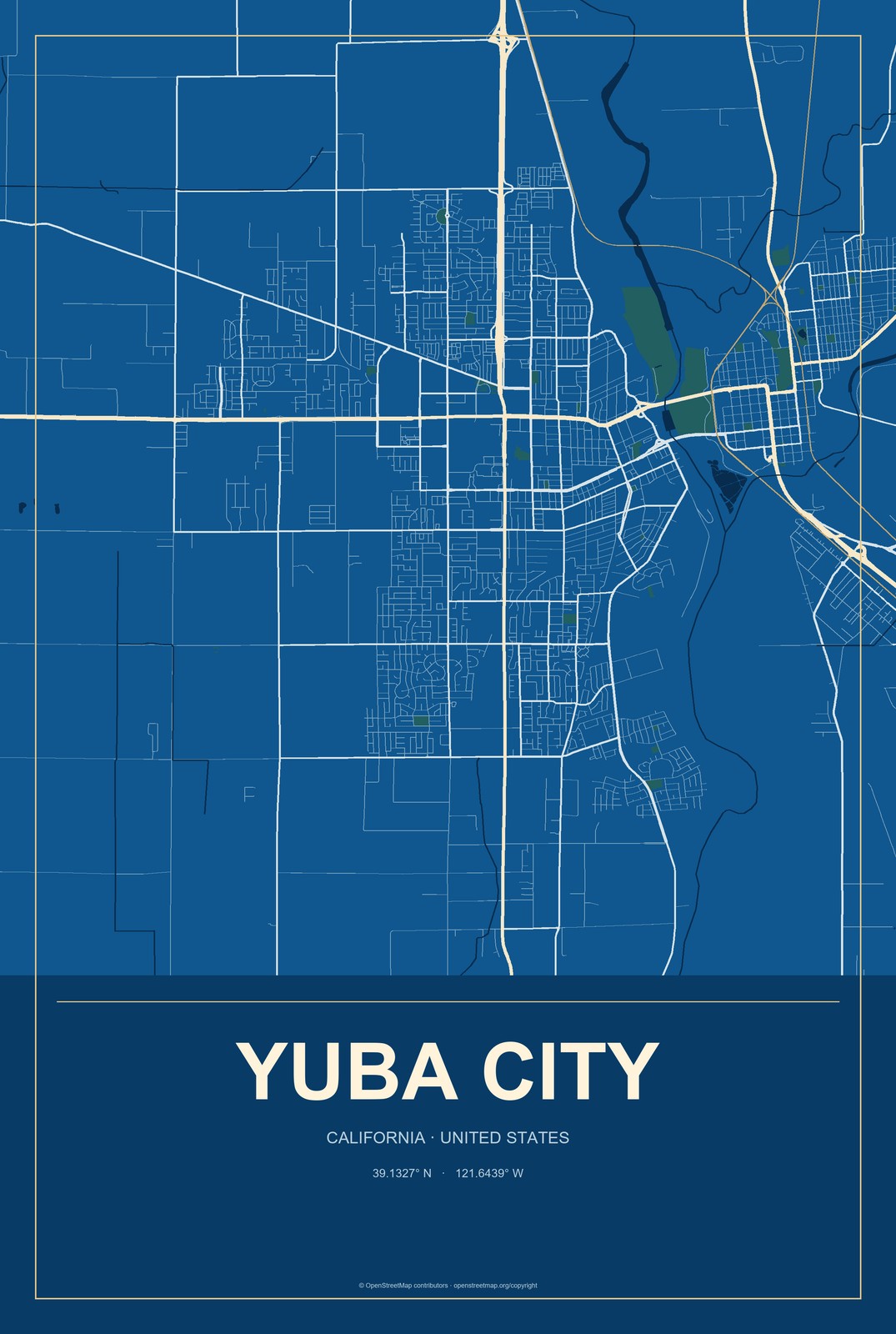 Yuba City, California City Map Aluminum Sign in Harbor Cobalt style