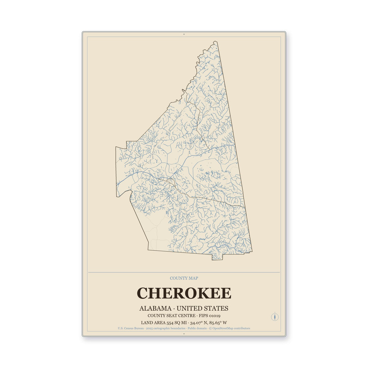 Cherokee County, Alabama Map Aluminum Sign in Heritage Nautical style