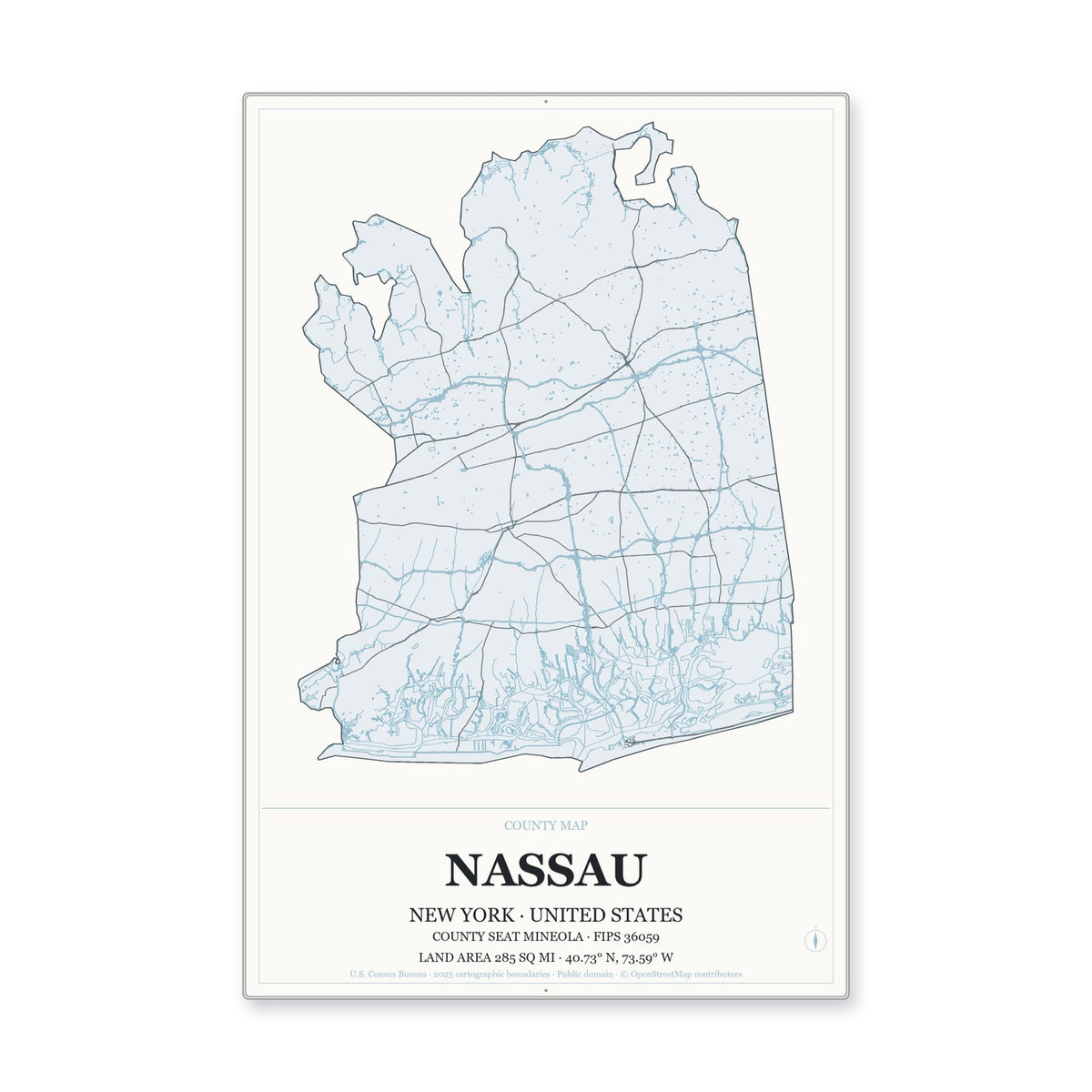 Nassau County, New York Map Aluminum Sign in Gallery Air style