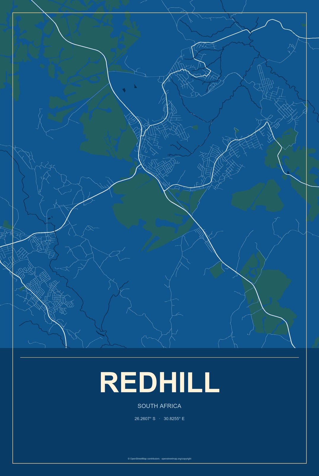 Redhill, South Africa City Map Aluminum Sign in Harbor Cobalt style