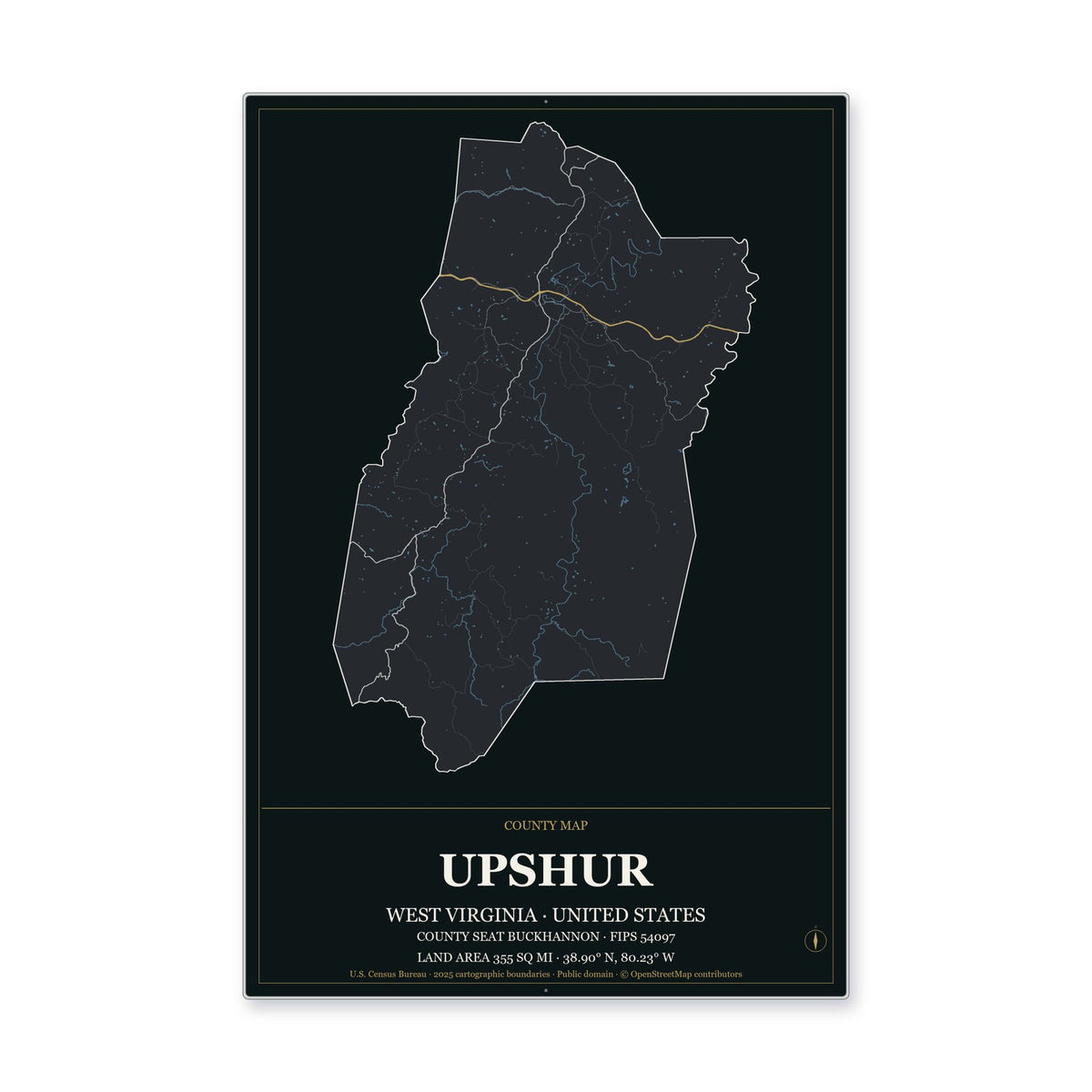 Upshur County, West Virginia Map Aluminum Sign in Metropolitan Noir style