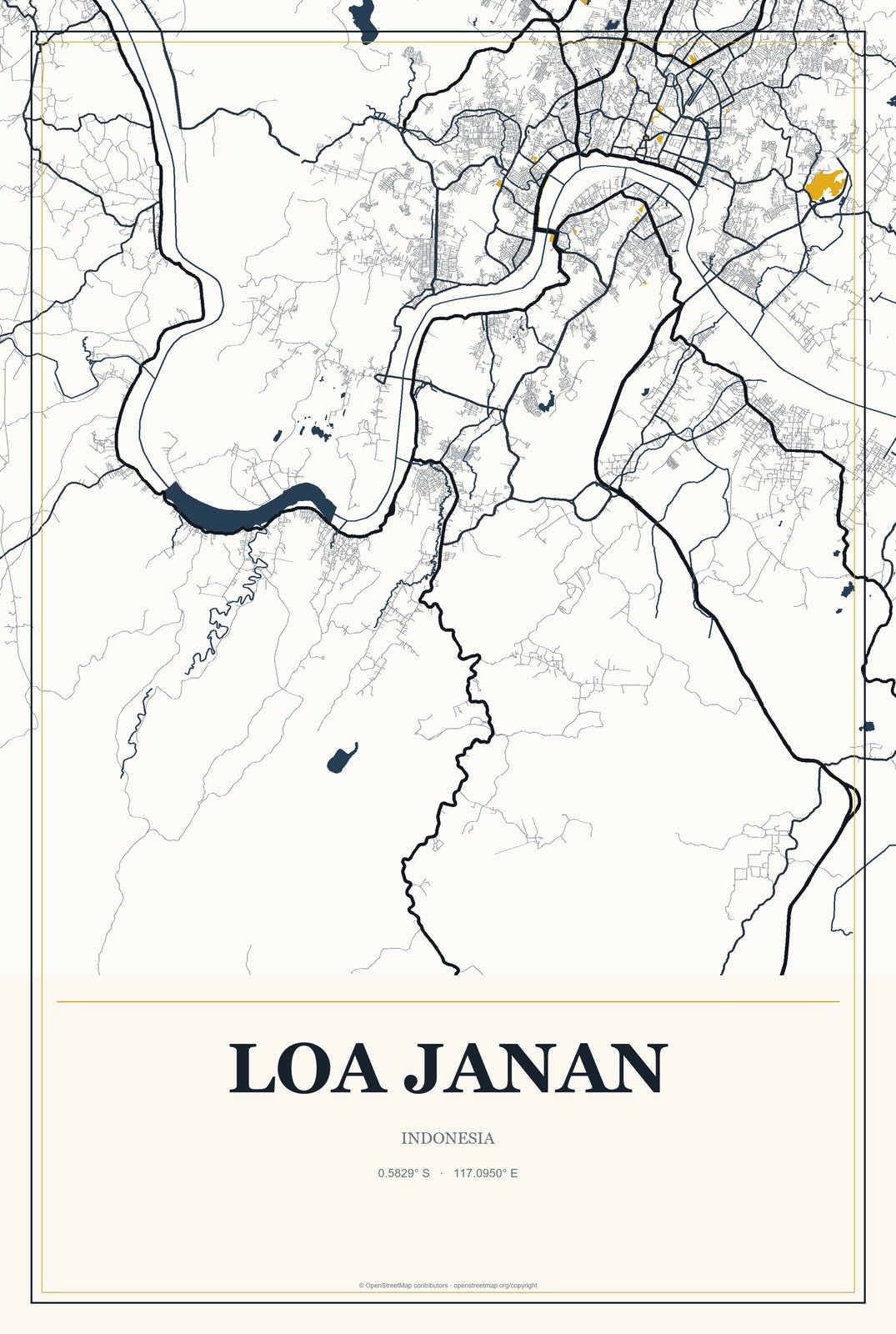 Loa Janan, Indonesia City Map Aluminum Sign in Citrine Modern style
