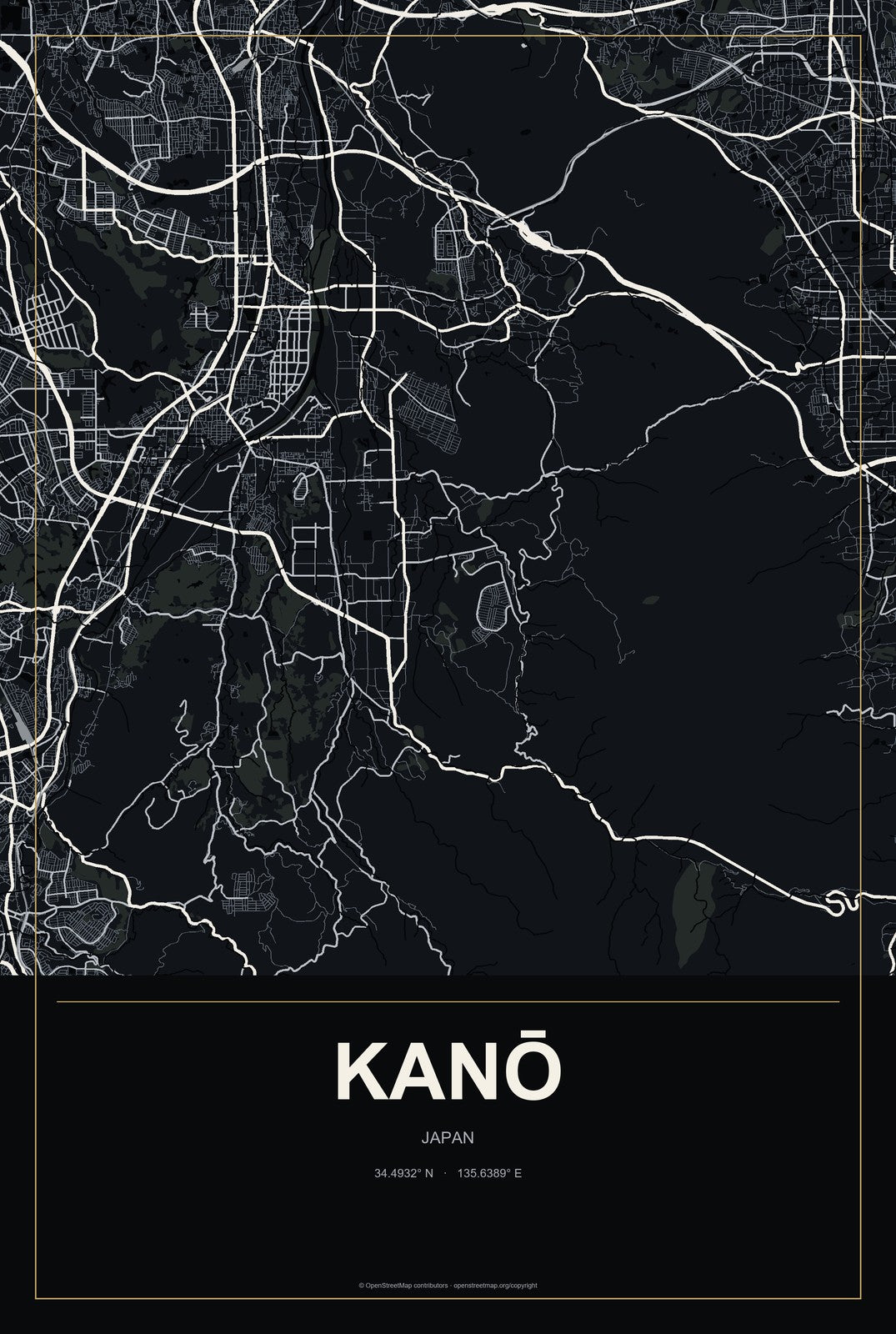 Kanō, Japan City Map Aluminum Sign in Metropolitan Noir style