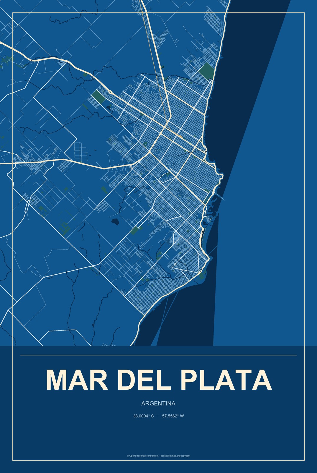 Mar del Plata, Argentina City Map Aluminum Sign in Harbor Cobalt style