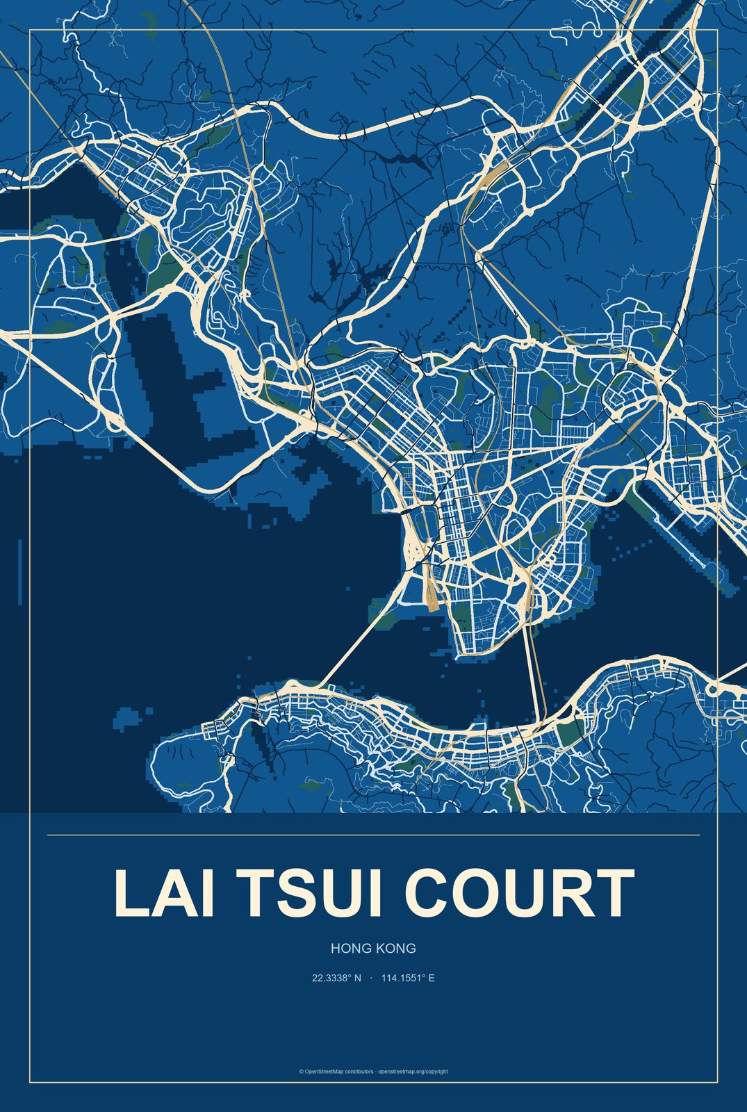 Lai Tsui Court, Hong Kong City Map Aluminum Sign in Harbor Cobalt style