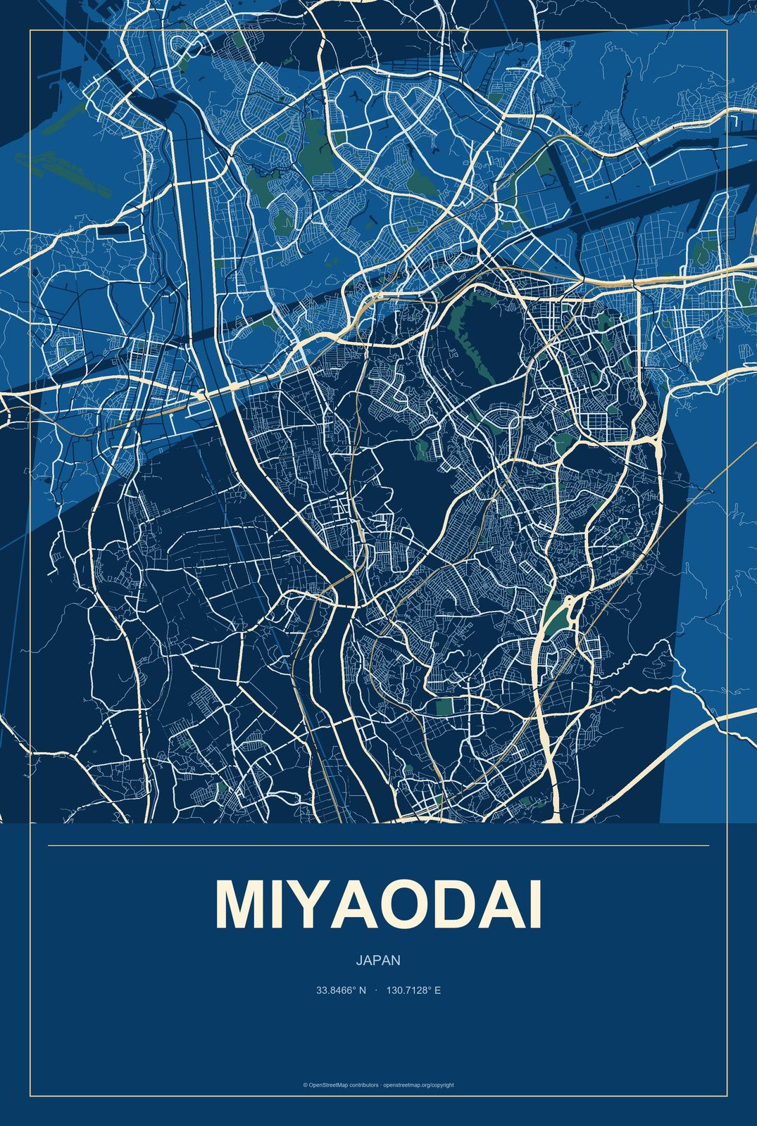 Miyaodai, Japan City Map Aluminum Sign in Harbor Cobalt style