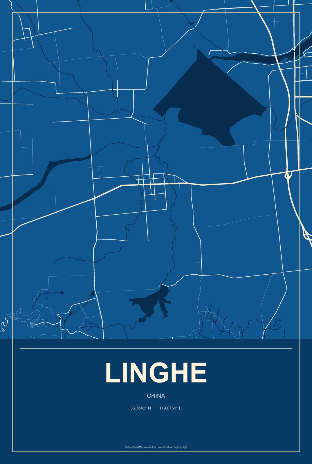 Linghe, China City Map Aluminum Sign in Harbor Cobalt style
